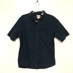 Haggar Short Sleeve Button Up Shirt Navy Blue Polka Dots Fitted Large
